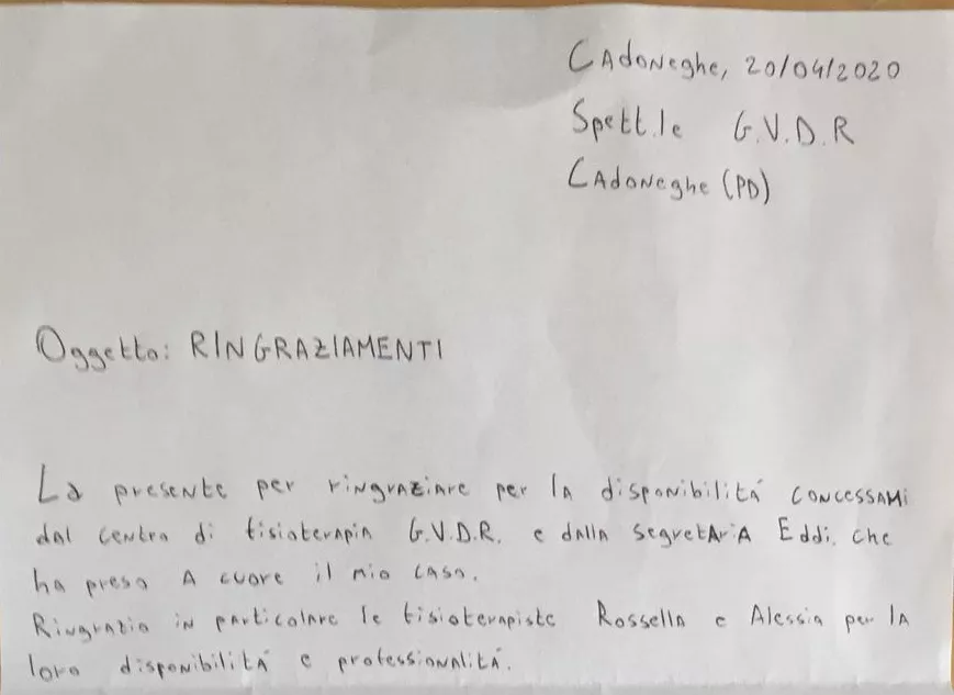 Nuovi ringraziamenti per il personale di Cadoneghe 